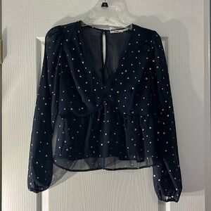 Sheer navy blue blouse with gold star pattern